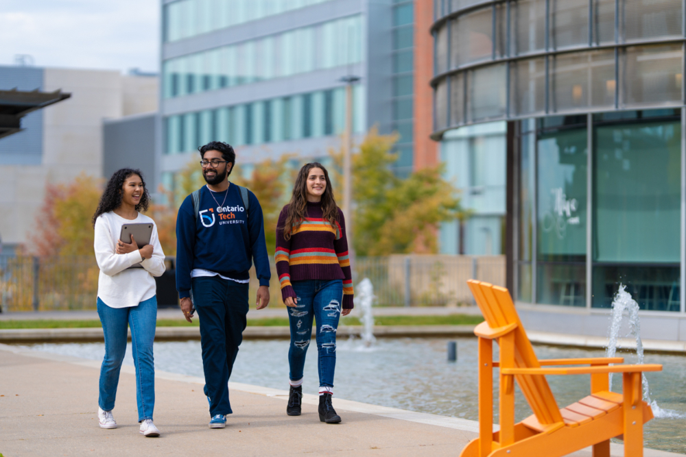 Students outside of the Campus Library, at Ontario Tech University's north Oshawa campus.