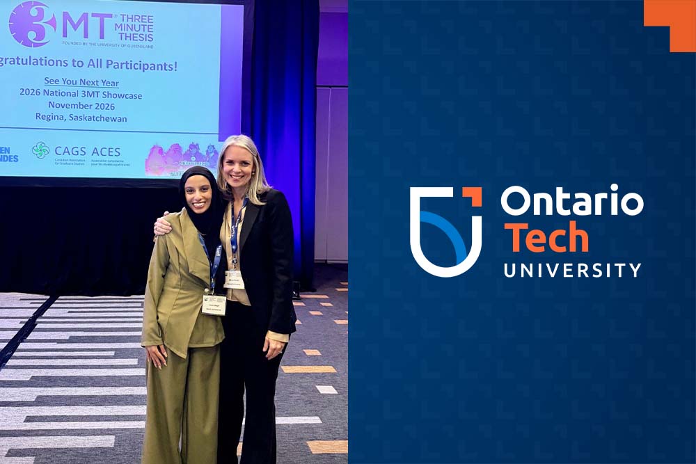 Salma Bafagih, Ontario Tech University Master of Health Sciences student (Community, Public and Population Health) with her supervisor Dr. JoAnne Arcand, Associate Professor, Faculty of Health Sciences, at the 3MT® National Showcase held during the Canadian Association for Graduate Studies Conference in Ottawa, Ontario.
