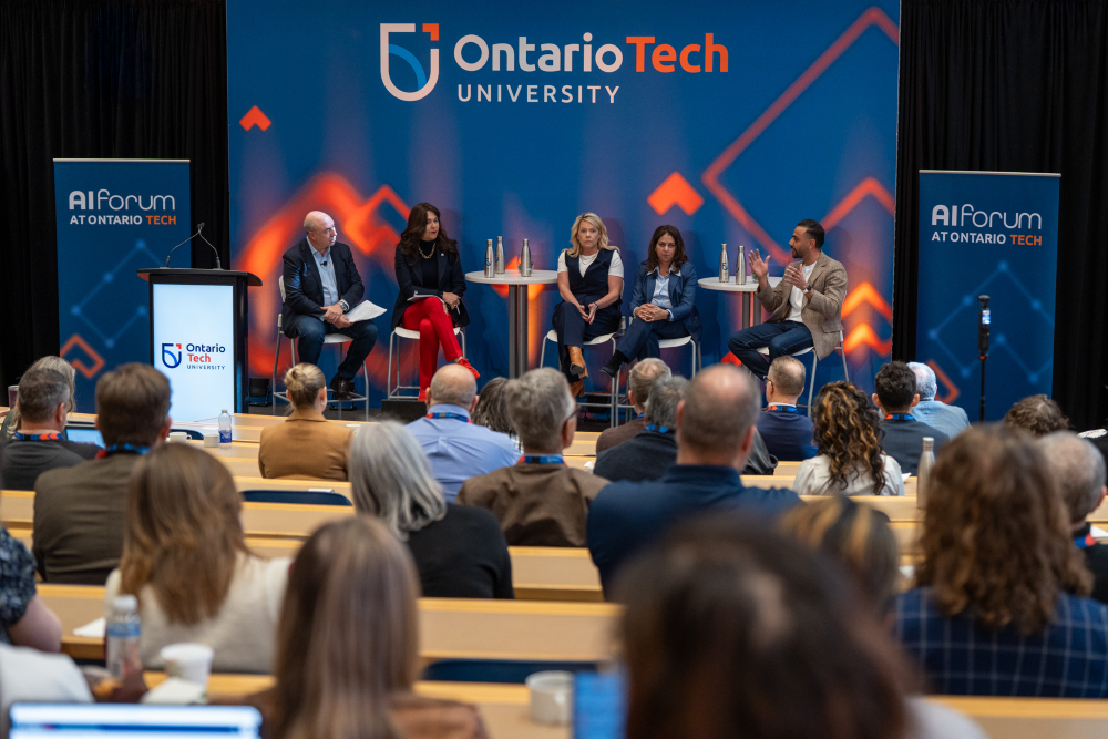 From left: Moderator Chris Benedetti, Managing Partner and CEO, Sussex Strategy Group, with Susanna Zagar, President and CEO, Canadian Gas Association; Lisa McBride, Country Leader, GE Vernova Hitachi’s Small Modular Reactor Canada business; Marlene Ramphal, Nuclear Engineer in Residence, Ontario Tech University; and Kshitij Ahuja, Director of Digital Transformation, Nuclear Promise X, taking part in the Powering the future - Responsible AI for the Energy Transition panel discussion at Ontario Tech University's AI Forum.
