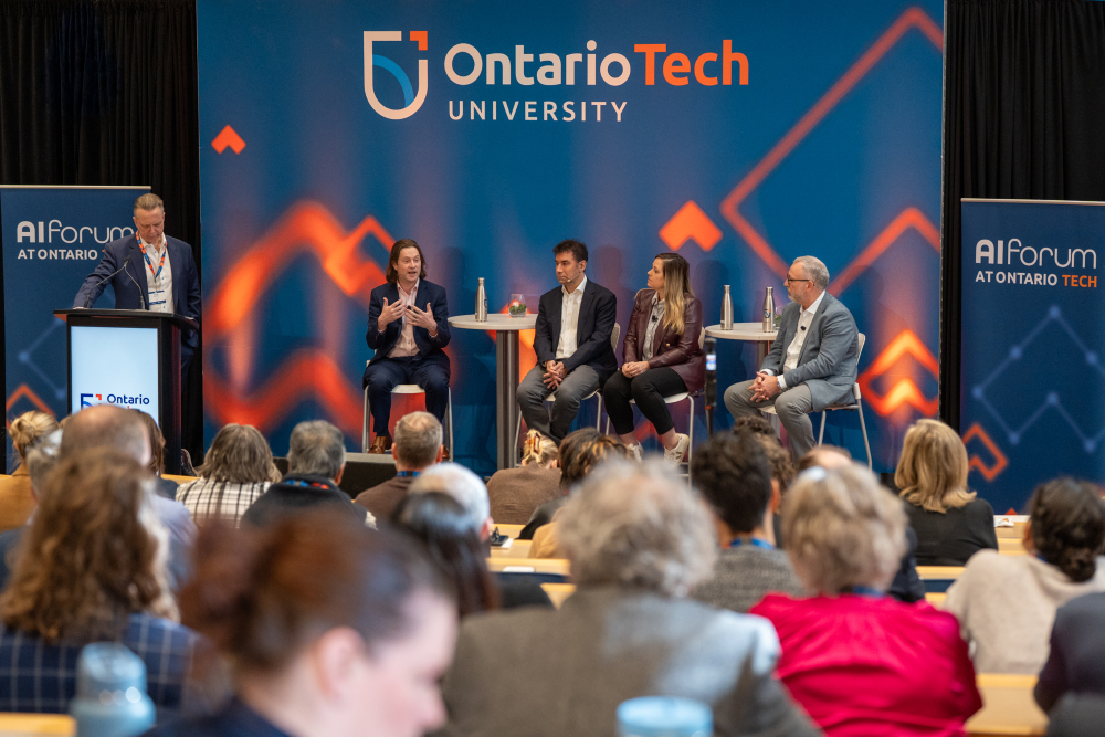 From left: Moderator Hugh Mansfield, President, Bizcom Group, with panelists Dr. Peter Lewis, Canada Research Chair in Trustworthy Artificial Intelligence and Director, Mindful AI Research Institute (MAIRI), Ontario Tech University; Dr. Hossein Rahnama, Founder and CEO, Flybits; Amber Mac, President, AmberMac Media Inc.; and Ontario Tech President and Vice-Chancellor Dr. Steven Murphy, at the Ethical AI, Building Trust panel, held during Ontario Tech University's AI Forum.
