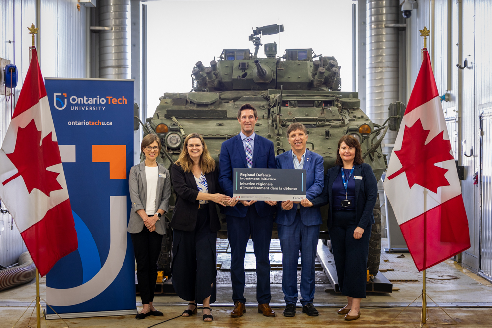 From left: Krista Hester, Chief of Staff, Office of the President, Ontario Tech University; Jennifer McKelvie, Member of Parliament (MP) for Ajax and Parliamentary Secretary (PS) to the Minister of Housing and Infrastructure; Ryan Turnbull, MP for Whitby and PS to the Minister of Finance and National Revenue and to the Secretary of State (Canada Revenue Agency and Financial Institutions); Dr. Les Jacobs, Vice-President, Research and Innovation (VPRI), Ontario Tech; and Jennifer Freeman, Executive Director, Office of the VPRI, Ontario Tech.