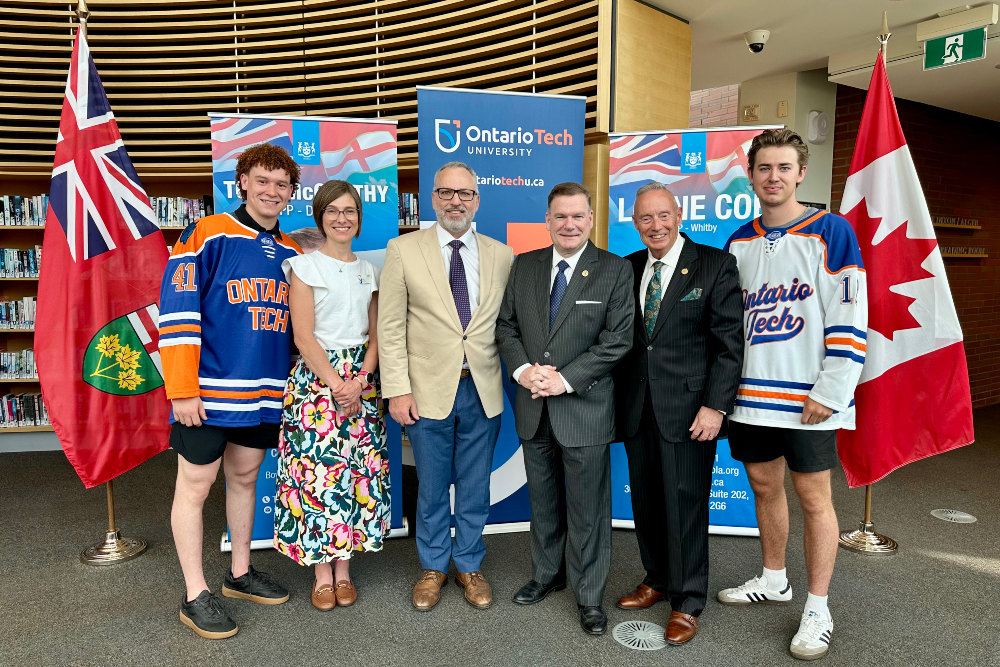 Krista Hester, Dr. Steven Murphy, the Honourable Todd McCarthy and and Lorne Coe with new Ridgebacks men's hockey recruits.