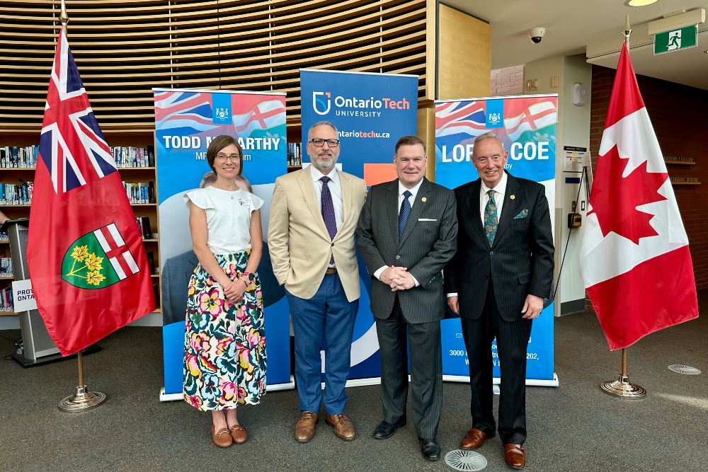 From left: Ontario Tech University's Krista Hester, Chief of Staff, Office of the President, and Dr. Steven Murphy, President and Vice-Chancellor, with the Honourable Todd McCarthy, Minister of the Environment, Conservation and Parks, acting Minister of Infrastructure, and Member of Provincial Parliament (MPP) for Durham, and Lorne Coe, MPP Whitby, Parliamentary Assistant (PA) to the Minister of Children, Community and Social Services, and PA to the Minister of Colleges, Universities, Research Excellence, and Security.