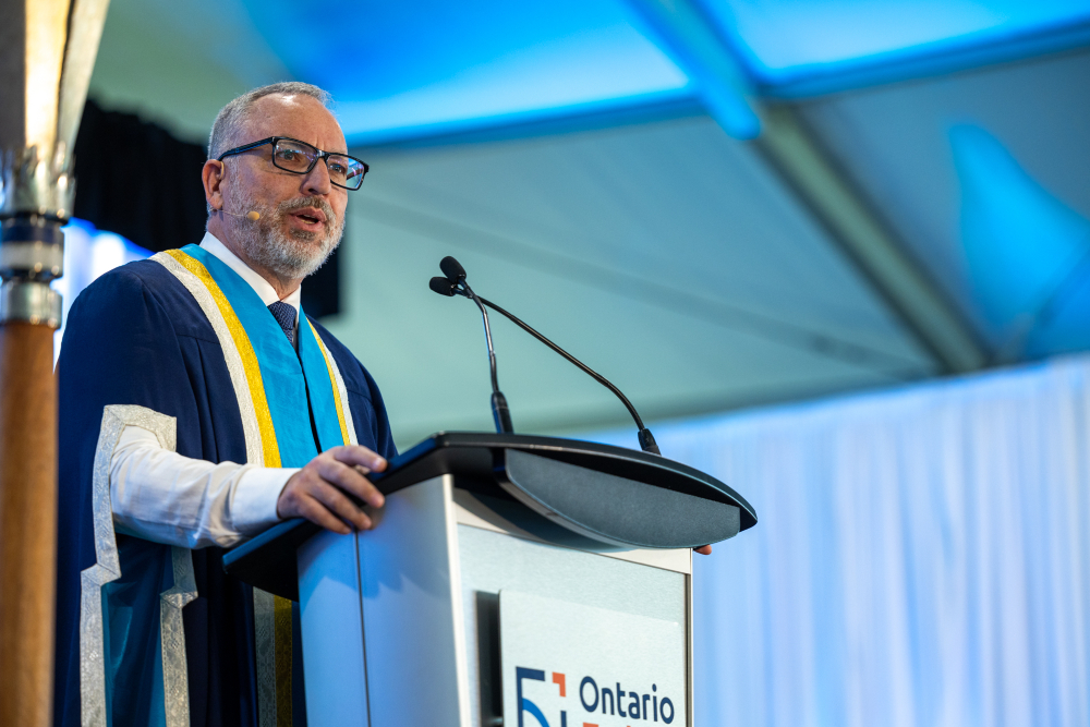 Ontario Tech University President and Vice-Chancellor Dr. Steven Murphy speaking at Spring Convocation 2026.