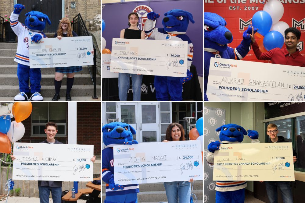  Ontario Tech University major entrance scholarship recipients for the 2026-2027 academic year (clockwise from upper left): Clara Capkun, Emily Rice, Arunraj Gnanaseelan, Kirill Kulaev, Zoha Naqvi and Joshua Kuchmak (Note: photo not available for international student and Global Leadership Award recipient Rittan Preet Kaur Chahal).
