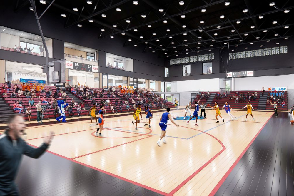 Artist's rendering of a basketball court within the Campus High-Performance Complex.
