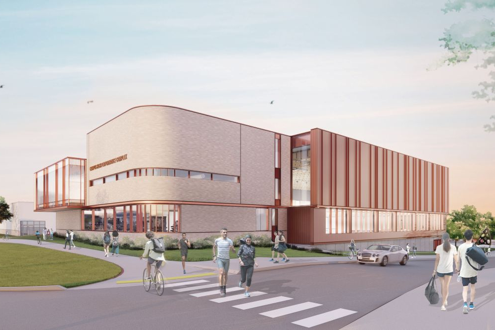 Artist's rendering of the Campus High-Performance Complex exterior as viewed from Simcoe Street.