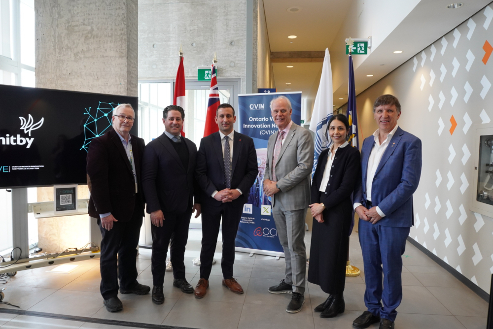 From left: John Henry, Durham Regional Chair; Tito-Dante Marimpietri, Oshawa Regional Councillor; Raed Kadri, Vice-President, Strategic Initiatives, Business Development and Head of OVIN; Dan Carter, Mayor, City of Oshawa; Mona Eghanian, Assistant Vice-President and Deputy Head, OVIN; and Dr. Les Jacobs, Vice-President, Research and Innovation, Ontario Tech University, at the DRIVE launch event hosted at Ontario Tech’s ACE facility.