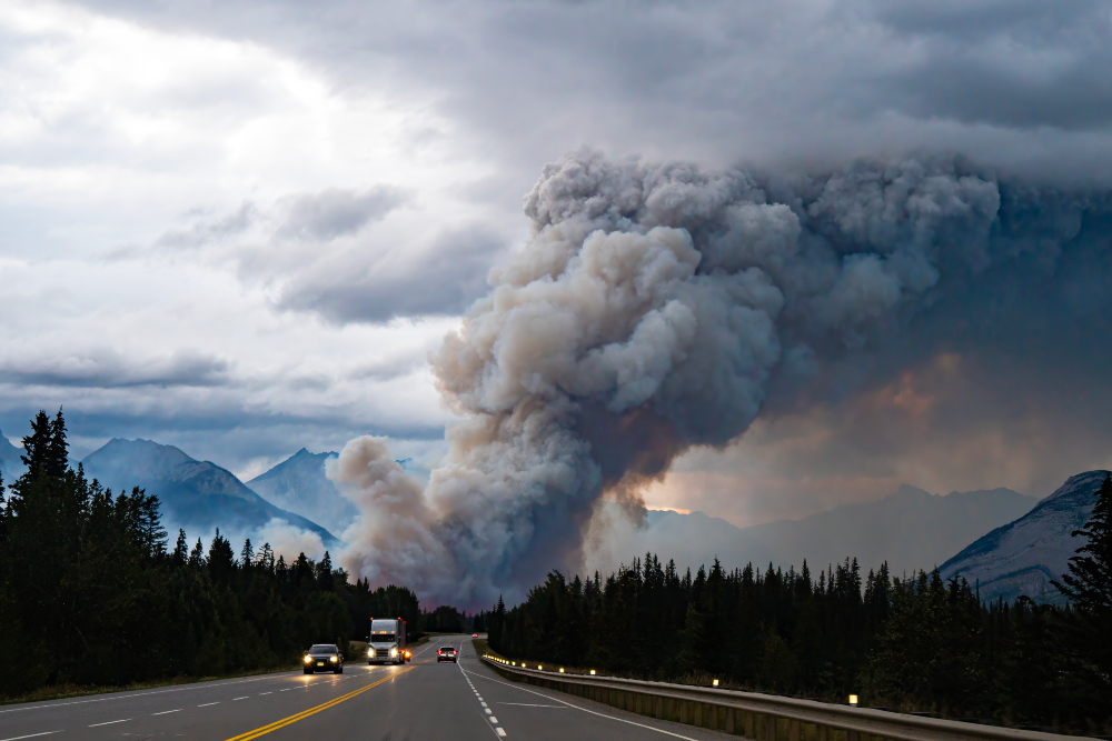 Smoke from a wildfire near Jasper National Park, Alberta.