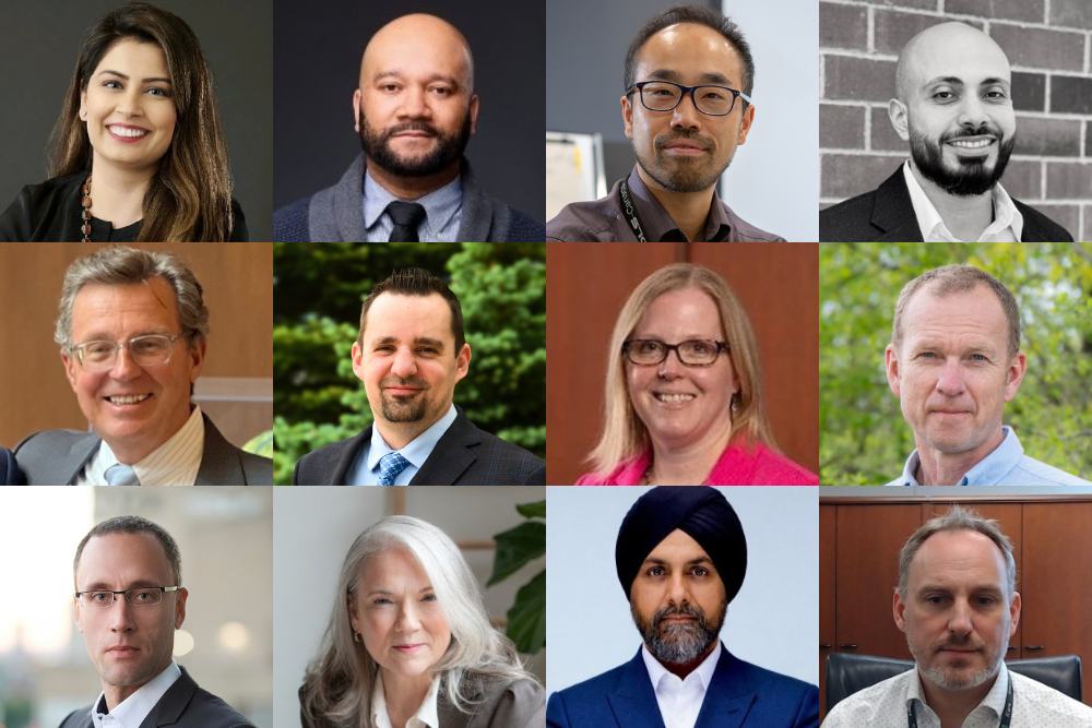 Engineering Advisory Board members. From left, top row: Aiman Khan, Candu Energy; Rodney Jones, Metrolinx; Richard Lee, General Dynamics Land Systems; and Mohamed (Moody) Saad, AtkinsRéalis. Middle row: Michael Paczkowski, Arcadis Canada; Marek Derewonko, Bruce Power; Julie West, Kinectrics; and Doug  Jensen, Cameco Fuel Manufacturing. Bottom row: Julien Knutzen, Magna International; Joanna Kervin, AECOM; Colin Dhillon, Centre for Designing Change; and David Rogalski, Ontario Power Generation.